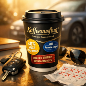 Kaffeeausflug™ – Die Premium-Flucht vor dem Alltag (jetzt mit 30% mehr „kurz mal raus“) ☕🚗
